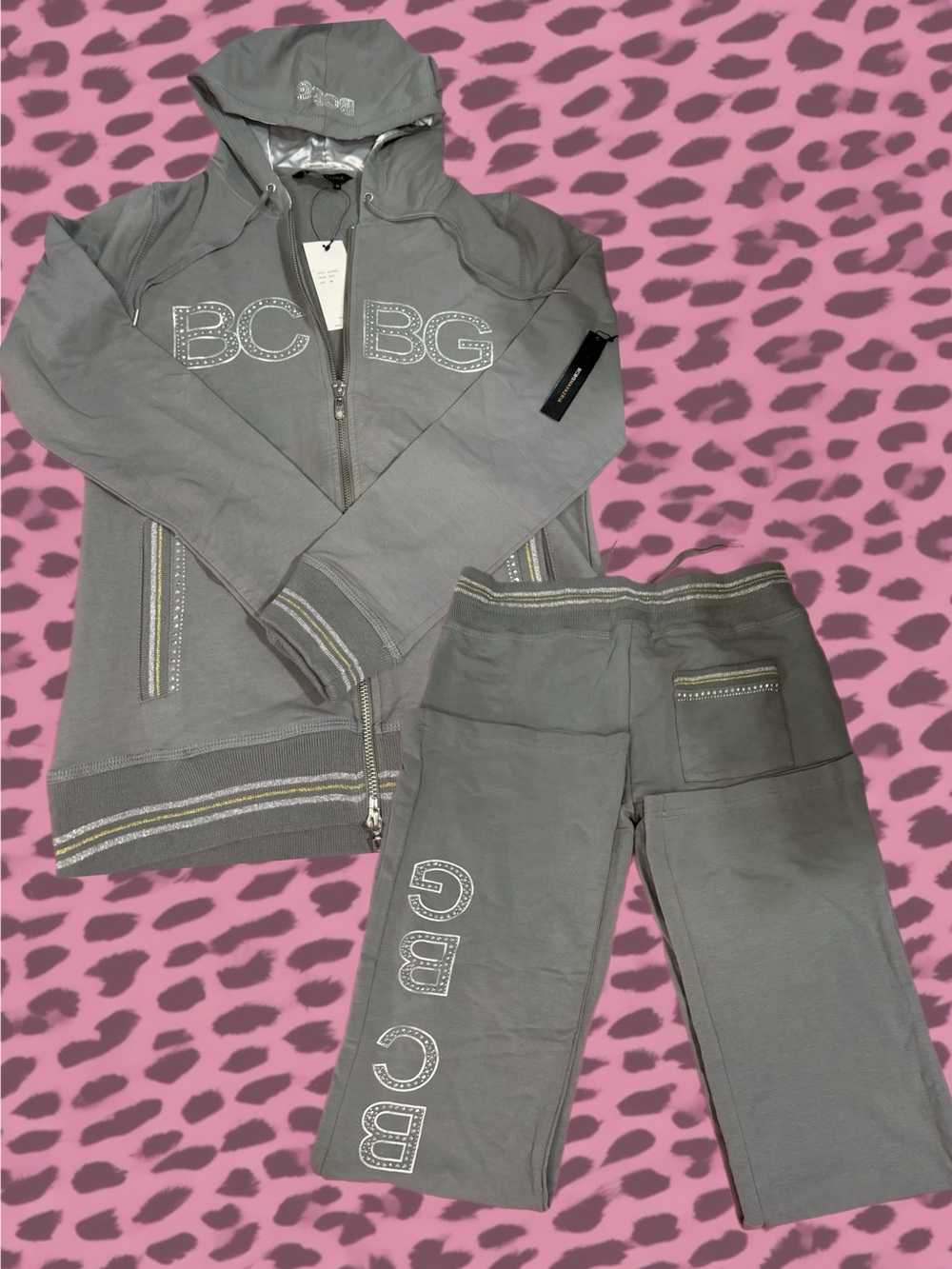 BCBG Dove Gray Bling Logo Vintage Two Piece Track Set Size M Jacket Size S Pants